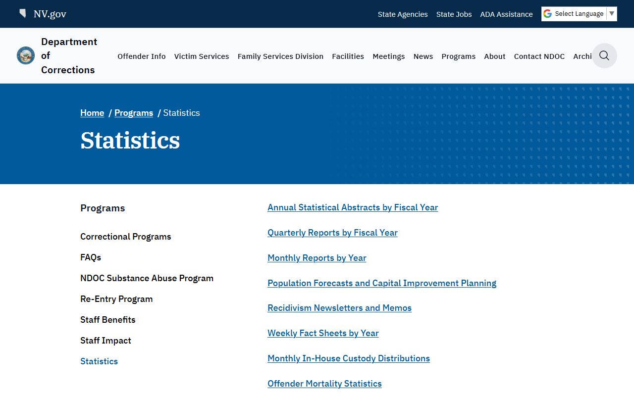 Nevada inmate population NDOC statistics hub