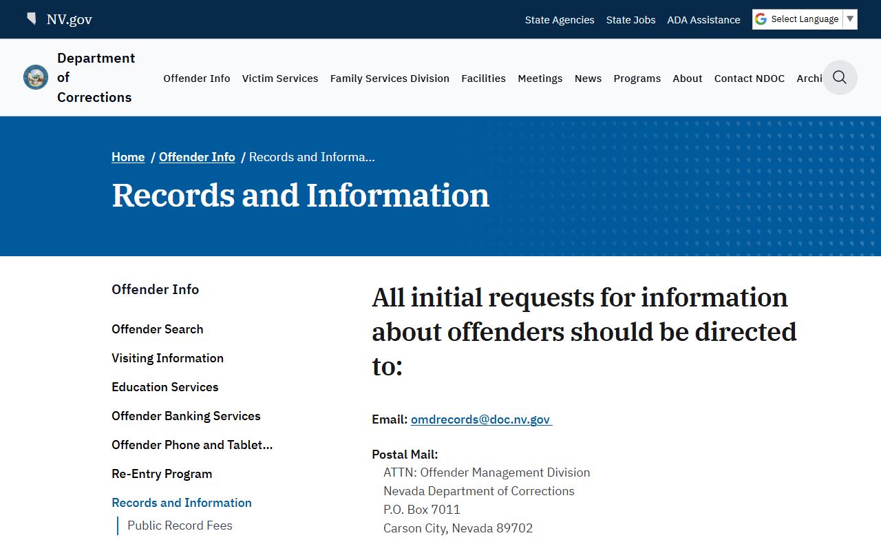 Nevada inmate population NDOC records and information page