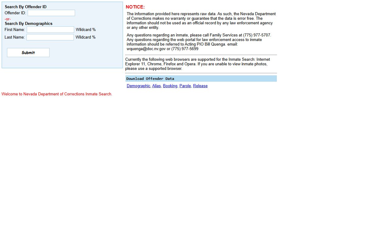 Nevada inmate population NDOC offender search form
