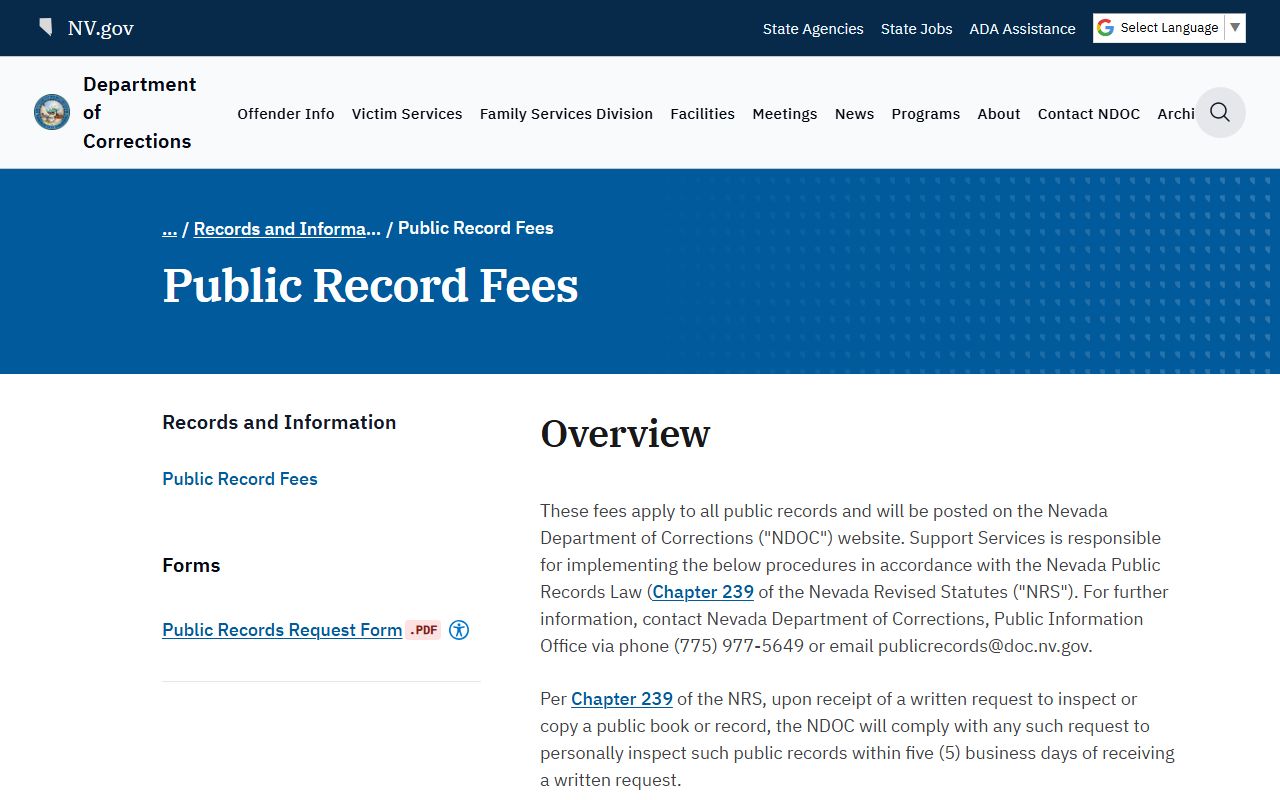NDOC inmate population public record fees page